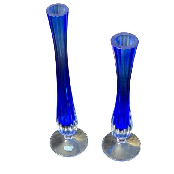 J.G. Durand Set of‎ 2 Leaded Crystal Double Cased Vases 12"/10" Cobalt Blue - Picture 2 of 9